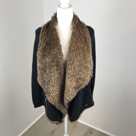 Hollister Sweaters - Hollister Black Faux Fur Cardigan Size M